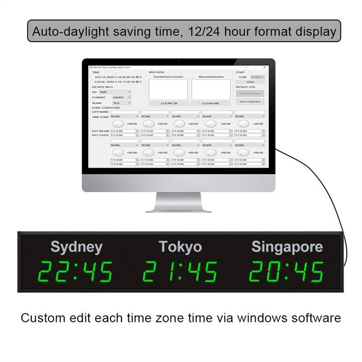 green digital time zone clock